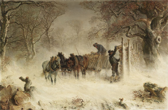 Hermann Kauffmann - Holzfuhrwerk bei heftigem Schneetreiben