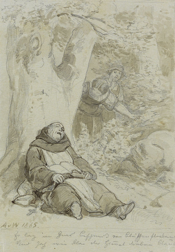 Anton von Werner - 2 Blätter: Das Begräbnis. Schlafender Mönch - Autre image