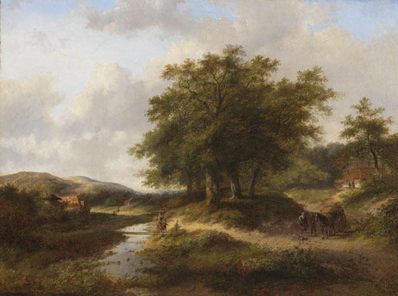 Jan Evert II Morel - Hügelige Landschaft mit Bachlauf und Personenstaffage