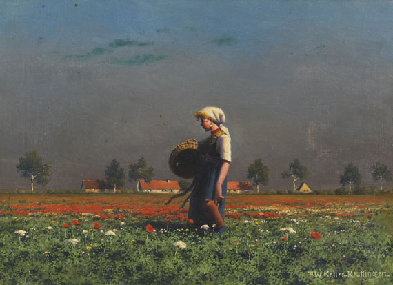 Paul Wilhelm Keller-Reutlingen - Mädchen mit Korb und Flasche im Mohnblumenfeld