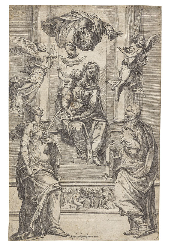 Giacomo Valegio - Thronende Madonna mit Kind und zwei Heiligen, darüber Gottvater, Heiliger Geist und zwei Engel
