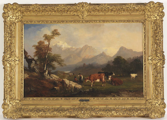 Jules Coignet - Alpenländische Szene mit Viehhirten - Image du cadre