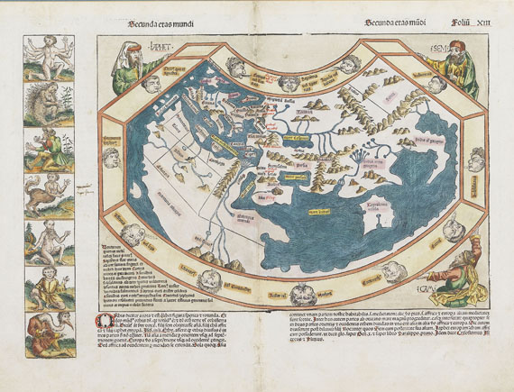Weltkarte - 1 Bl. Secunda etas mundi (H. Schedel, Weltkarte). 2 Beigaben.