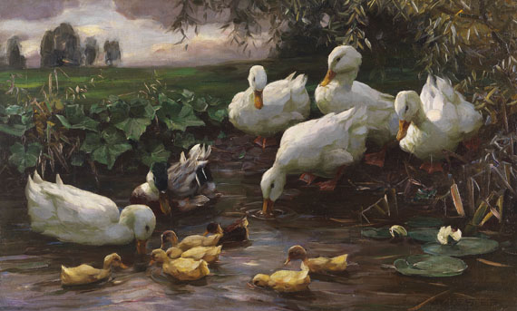 Alexander Koester - Erpel mit Enten und Küken am Seeufer