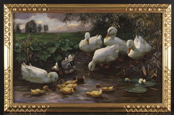 Alexander Koester - Erpel mit Enten und Küken am Seeufer - Image du cadre