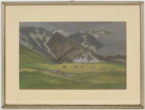 Ludwig von Hofmann - Schweizer Alpenlandschaft mit weidenden Kühen - Image du cadre