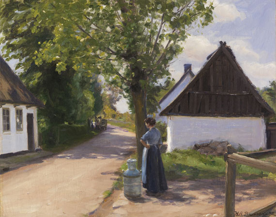 Hans Andersen Brendekilde - Dänische Dorfstraße mit Bäuerin und Milchmann