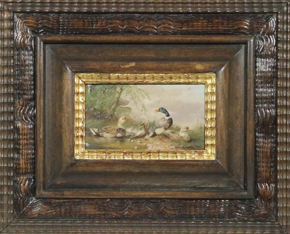 Max (Josef) Hänger - 2 Gemälde: Hühnerhof am Dorfrand. Zwei Entenpaare am Weiher - Image du cadre