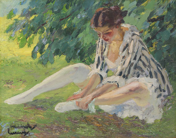 Edward Cucuel - Auskleidend (Sitzende im Gras)