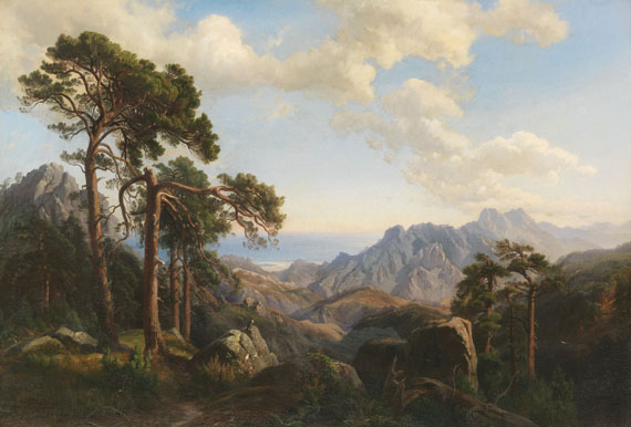 Carl Hummel - Aussicht vom Col di Sorba bei Vivario mit Pinien, Korsika