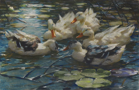 Alexander Koester - Fünf bunte Enten in blauem Seerosenwasser