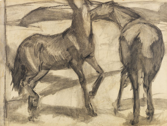 Franz Marc - Zwei Pferde. Verso: Zwei stehende Mädchenakte mit grünem Stein