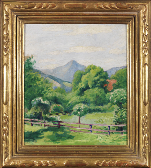 August Macke - Garten in Tegernsee mit Haus und Berg - Image du cadre