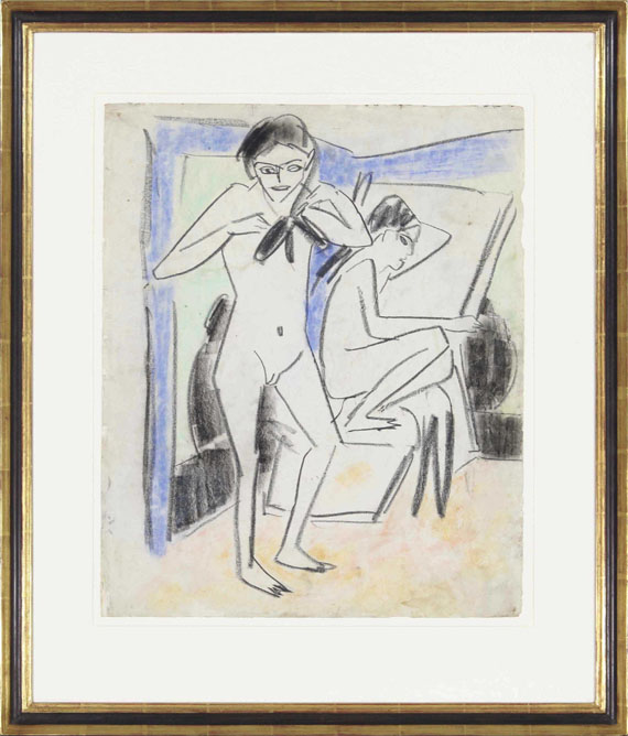 Ernst Ludwig Kirchner - Sitzende mit großem Hut, Emy Frisch / Szene im Atelier (Fränzi (Marzella) und Artistin) - Image du cadre