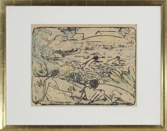 Otto Mueller - Badeszene mit vier Figuren, Haus und Boot - Image du cadre