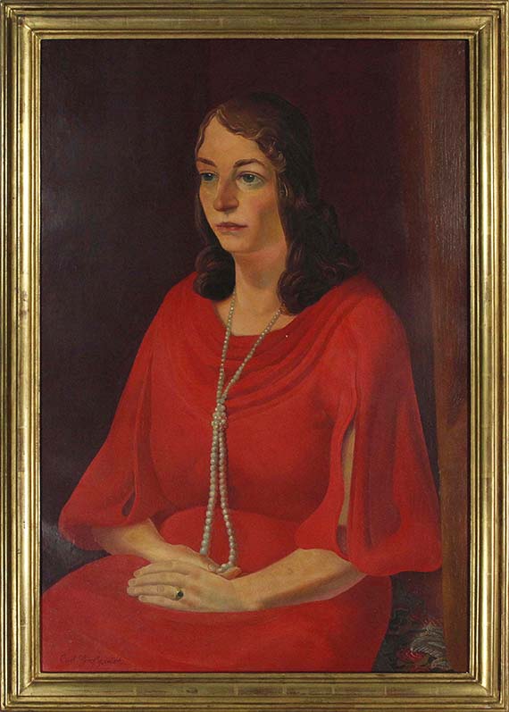 Curt Grosspietsch - Porträt einer Dame mit Perlenkette im roten Abendkleid - Image du cadre