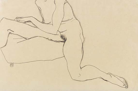 Schiele - Sitzendes Mädchen mit ausgestrecktem Arm und Bein