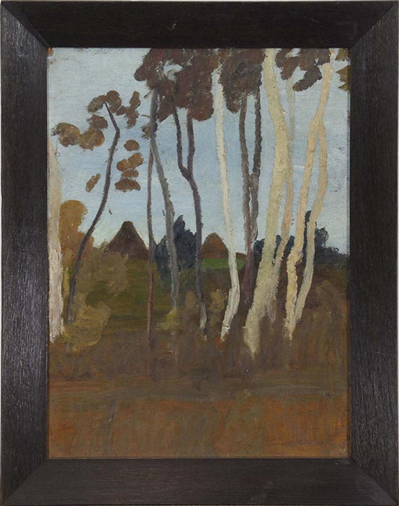 Paula Modersohn-Becker - Landschaft mit Birken, im Hintergrund zwei Hausgiebel - Image du cadre