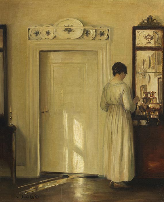 Carl (Carl Vilhelm) Holsøe - Interieur mit Frau beim Teekochen