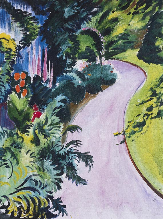 Abbildung zu: August Macke, Gartenweg, 1912, Öl auf Leinwand, LWL-Landesmuseum für Kunst und Kulturgeschichte, Westfälisches Landesmuseum, Münster.