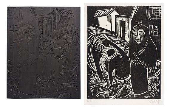 Karl Schmidt-Rottluff - Bäuerin mit Kuh (Holzstock & Holzschnitt)