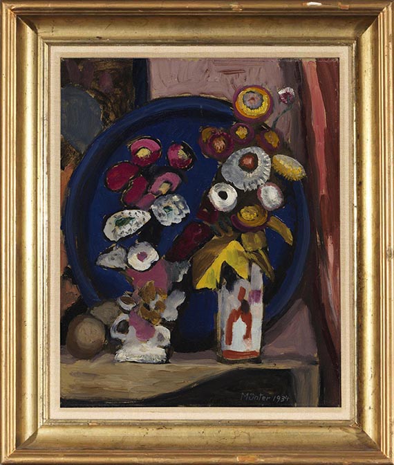 Gabriele Münter - Zwei Vasen vor blauem Tablett - Image du cadre