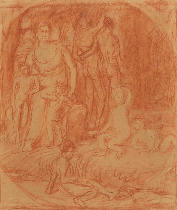 Hans von Marées - Weibliche sitzende Figur, zwei Rückenakte, mehrere Kinder und verso: Weibliche sitzende Figur, drei Kinder, liegender männlicher Akt