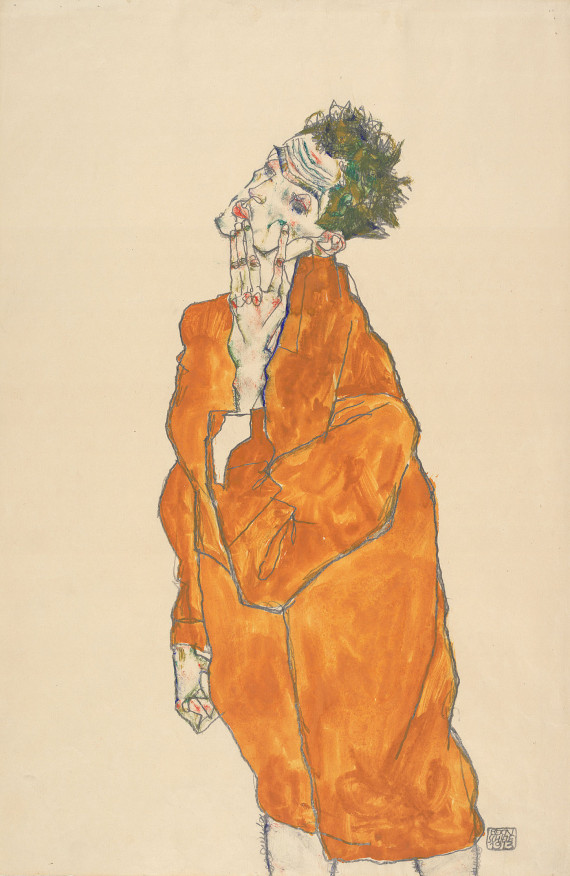 Illustration for: Egon Schiele, Selbstporträt mit orangener Jacke (Self-portrait with orange jacket) 1913, Aquarell auf Papier (watercolor on paper), Albertina, Wien.