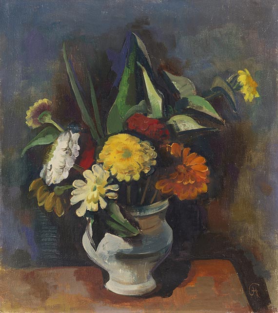 Karl Hofer - Blumenstrauß in grauer Vase (Zinnien)