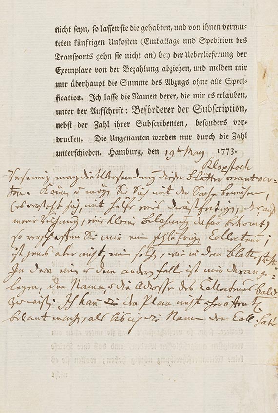 Friedrich Gottlieb Klopstock - Gedruckte Subskribenteneinladung mit eigh. U. und Anmerkungen