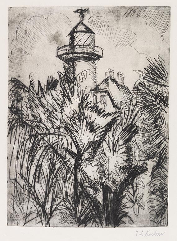 Illustration  for: Ernst Ludwig Kirchner, Leuchtturm im Grünen, Fehmarn, 1913, etching, private collection.