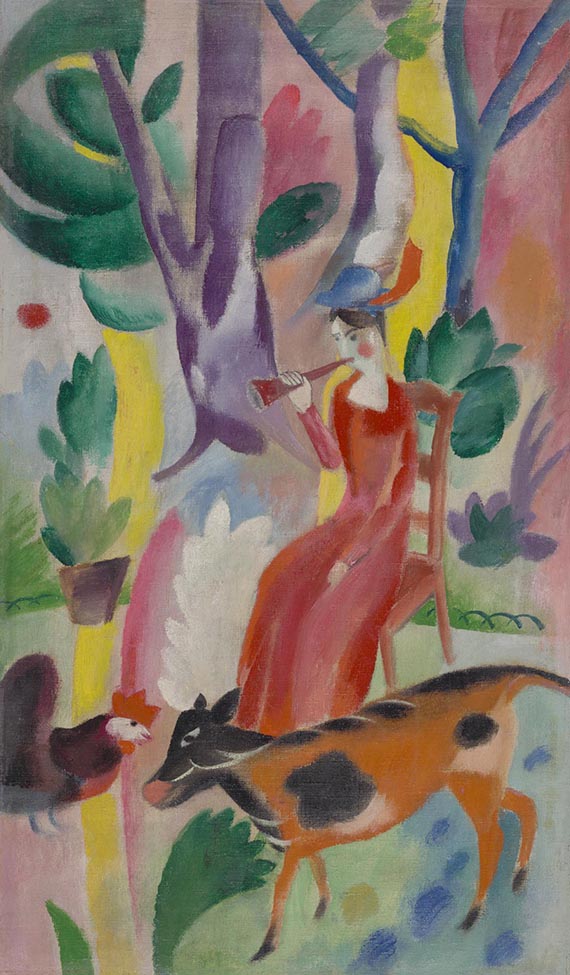 Illustration  for: Heinrich Campendonk, Schalmeibläserin, 1914, oil on canvas on cardboard, Städtische Galerie im Lenbachhaus, Munich.<br />© VG Bild-Kunst, Bonn 2025