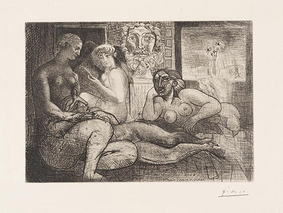 Pablo Picasso - Quatre femmes nues et tête sculptée / Femmes entre elles avec voyeur sculpté clin d´oeil au bain turc
