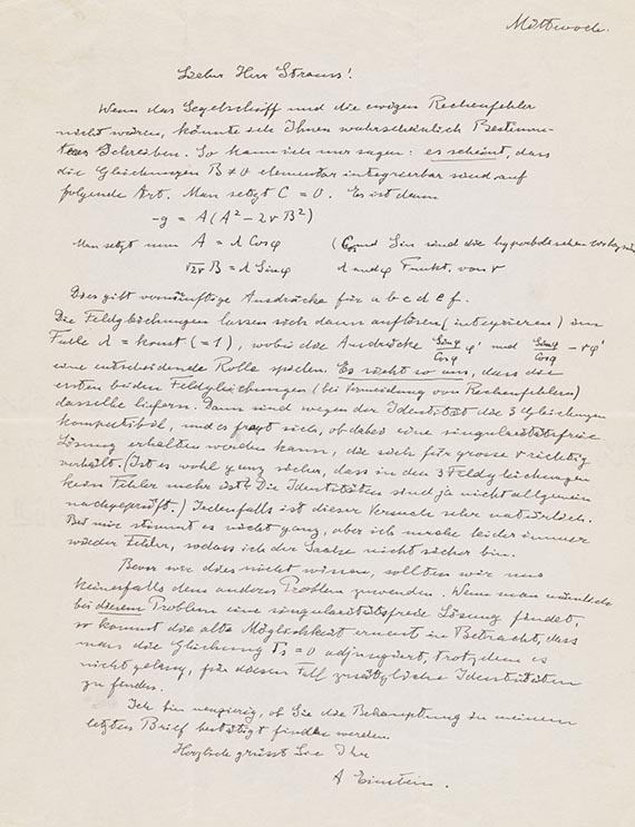 Albert Einstein - Eigh. Brief. m. U. an E. G. Straus