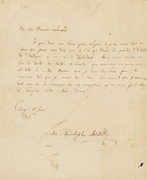 Felix Mendelssohn Bartholdy - Eigh. Brief m. U. an H. Leonard