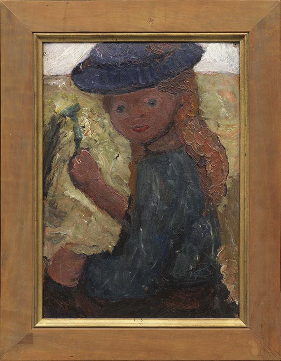 Paula Modersohn-Becker - Sitzendes Mädchen mit blauem Hut und Blume in der rechten Hand - Image du cadre