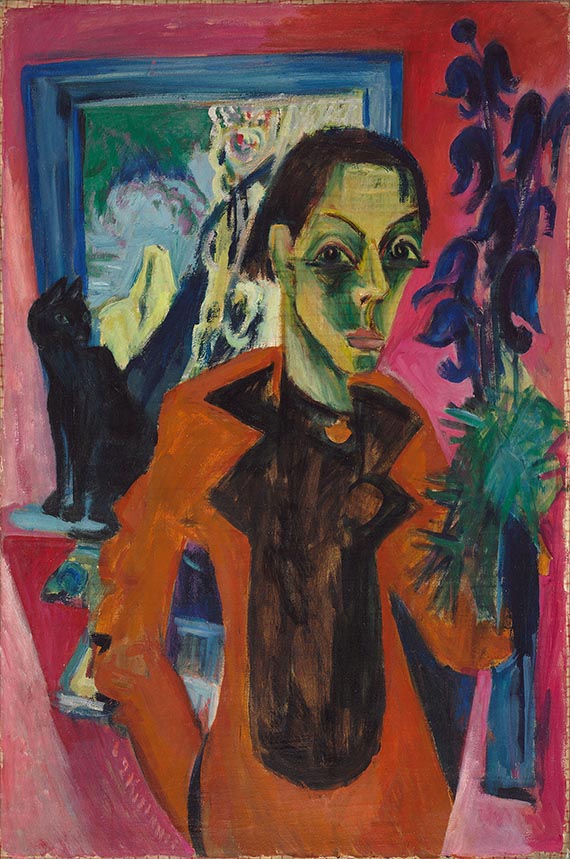 Illustration  for: E. L. Kirchner, Selbstportr&auml;t mit Katze (Self-Portrait with Cat), 1920, oil on canvas, Busch-Reisinger Museum, Harvard Art Museums.