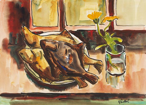Karl Schmidt-Rottluff - Räucherflundern und Sommerblume
