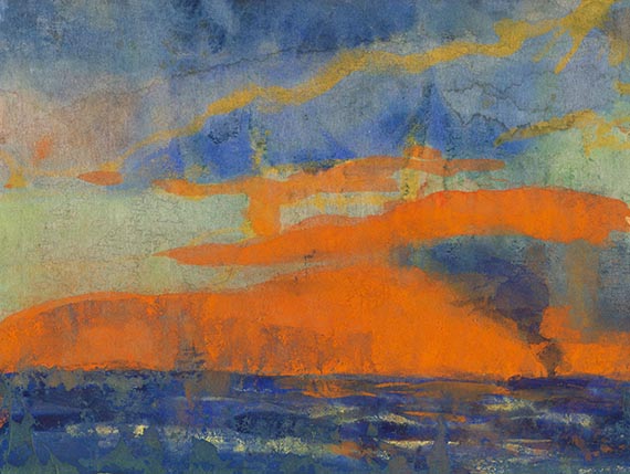 Emil Nolde - Meer mit Dampfer und orangefarbenen Himmel